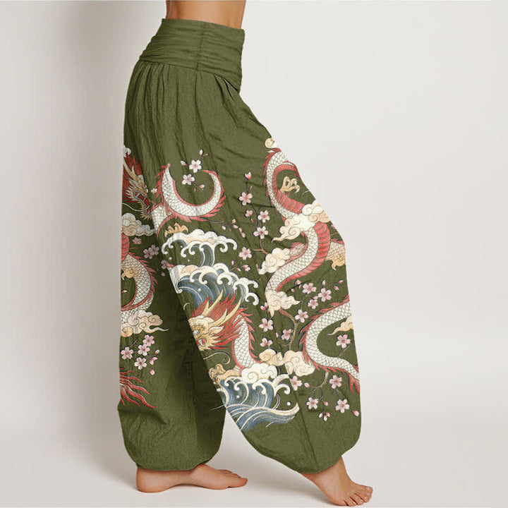 Buddha Stones Pantaloni harem da donna in cotone con motivo a onde e fiori di drago, con elastico in vita. - image 6