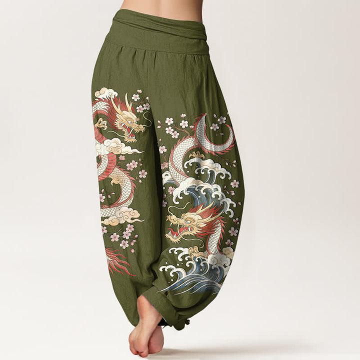 Buddha Stones Pantaloni harem da donna in cotone con motivo a onde e fiori di drago, con elastico in vita. - image 7