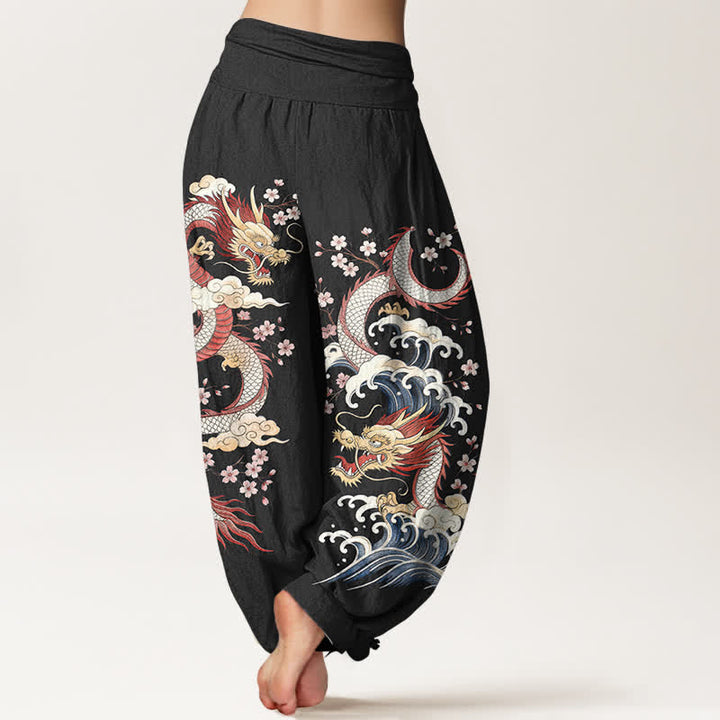 Buddha Stones Pantaloni harem da donna in cotone con motivo a onde e fiori di drago, con elastico in vita. - image 10