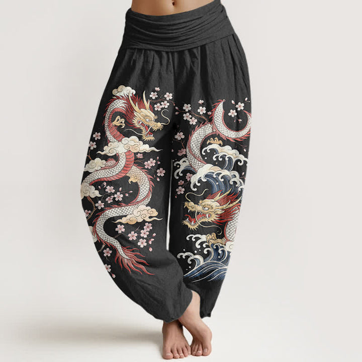 Buddha Stones Pantaloni harem da donna in cotone con motivo a onde e fiori di drago, con elastico in vita. - Nero - US16, UK/AU20, EU48 (3XL) - image 8