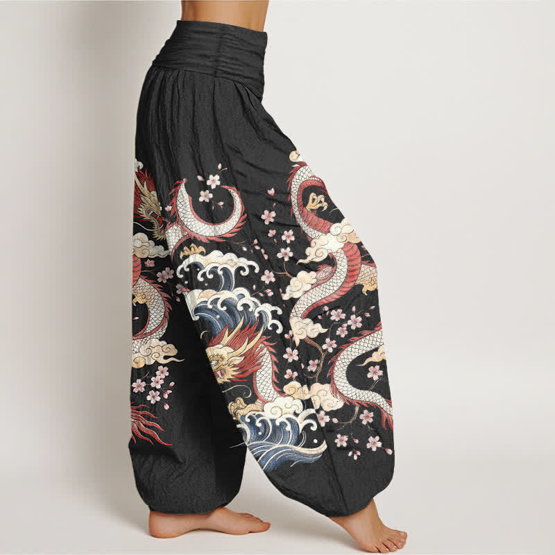 Buddha Stones Pantaloni harem da donna in cotone con motivo a onde e fiori di drago, con elastico in vita. - image 9