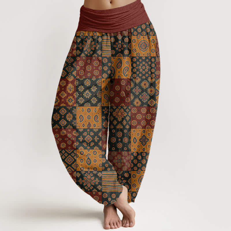 Buddha Stones Pantaloni harem da donna in cotone stile bohémien con patchwork e motivo paisley, vita elasticizzata. - Marrone - US16, UK/AU20, EU48 (3XL) - image 0