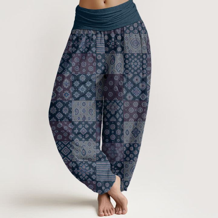 Buddha Stones Pantaloni harem da donna in cotone stile bohémien con patchwork e motivo paisley, vita elasticizzata. - SteelBlue - US16, UK/AU20, EU48 (3XL) - image 5