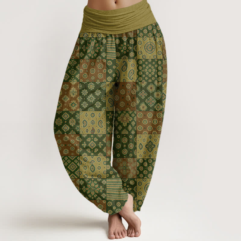 Buddha Stones Pantaloni harem da donna in cotone stile bohémien con patchwork e motivo paisley, vita elasticizzata. - Oliva - US16, UK/AU20, EU48 (3XL) - image 8