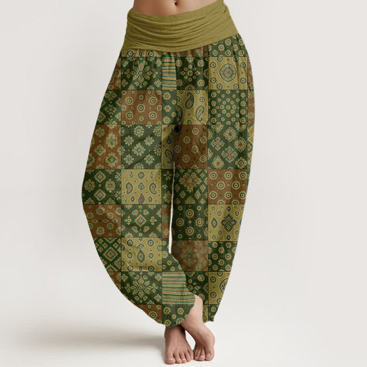 Buddha Stones Pantaloni harem da donna in cotone stile bohémien con patchwork e motivo paisley, vita elasticizzata. - Oliva - US16, UK/AU20, EU48 (3XL) - image 8