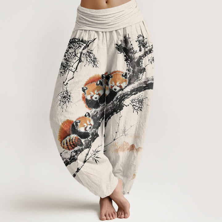 Buddha Stones Pantaloni harem da donna in cotone con stampa panda rosso e motivo bambù, con elastico in vita. - Biancheria - US16, UK/AU20, EU48 (3XL) - image 0