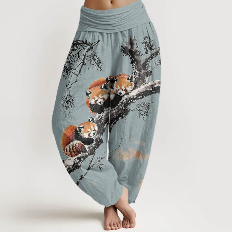 Buddha Stones Pantaloni harem da donna in cotone con stampa panda rosso e motivo bambù, con elastico in vita. - Azzurro polvere - US16, UK/AU20, EU48 (3XL) - image 8