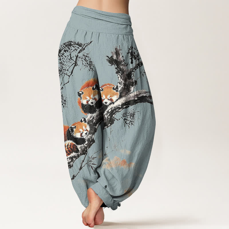Buddha Stones Pantaloni harem da donna in cotone con stampa panda rosso e motivo bambù, con elastico in vita. - image 9