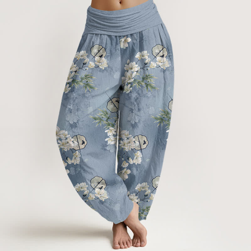 Buddha Stones Pantaloni harem da donna con elastico in vita e fantasia a foglie di fiori bianchi, modello Cotton Fans. - Azzurro cielo chiaro - US16, UK/AU20, EU48 (3XL) - image 0