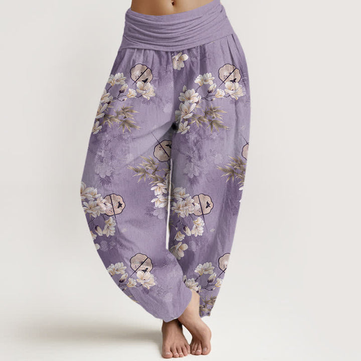 Buddha Stones Pantaloni harem da donna con elastico in vita e fantasia a foglie di fiori bianchi, modello Cotton Fans. - Viola medio - US16, UK/AU20, EU48 (3XL) - image 5