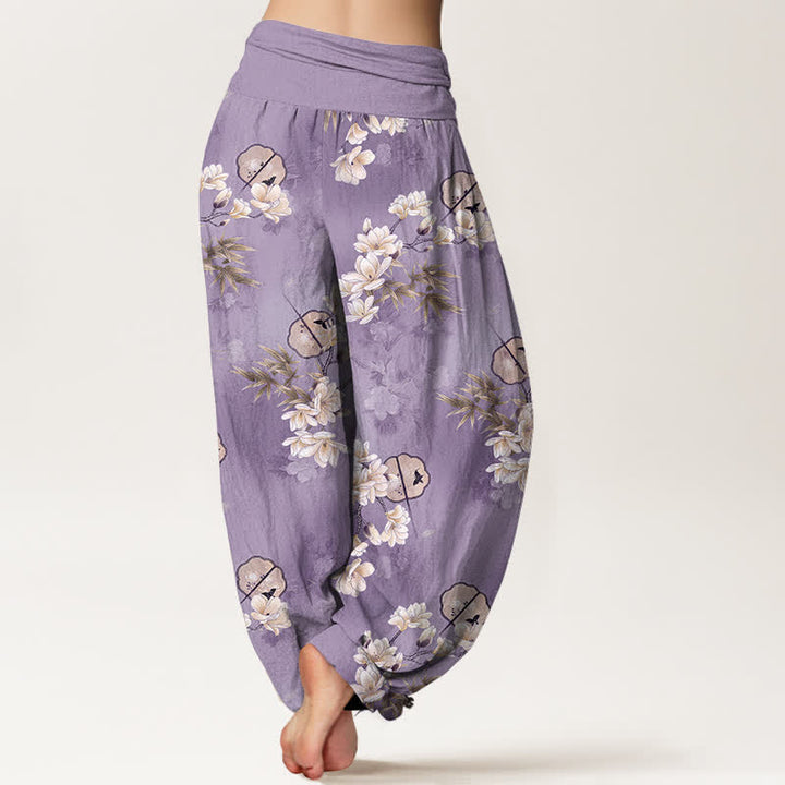 Buddha Stones Pantaloni harem da donna con elastico in vita e fantasia a foglie di fiori bianchi, modello Cotton Fans. - image 7