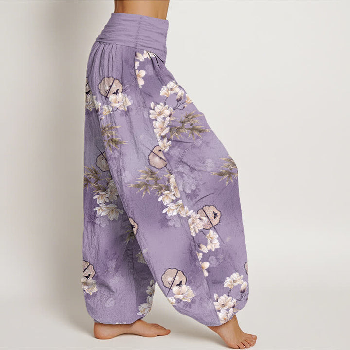 Buddha Stones Pantaloni harem da donna con elastico in vita e fantasia a foglie di fiori bianchi, modello Cotton Fans. - image 6