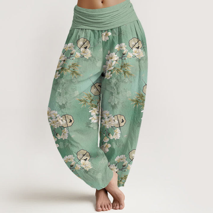 Buddha Stones Pantaloni harem da donna con elastico in vita e fantasia a foglie di fiori bianchi, modello Cotton Fans. - Acquamarina - US16, UK/AU20, EU48 (3XL) - image 8