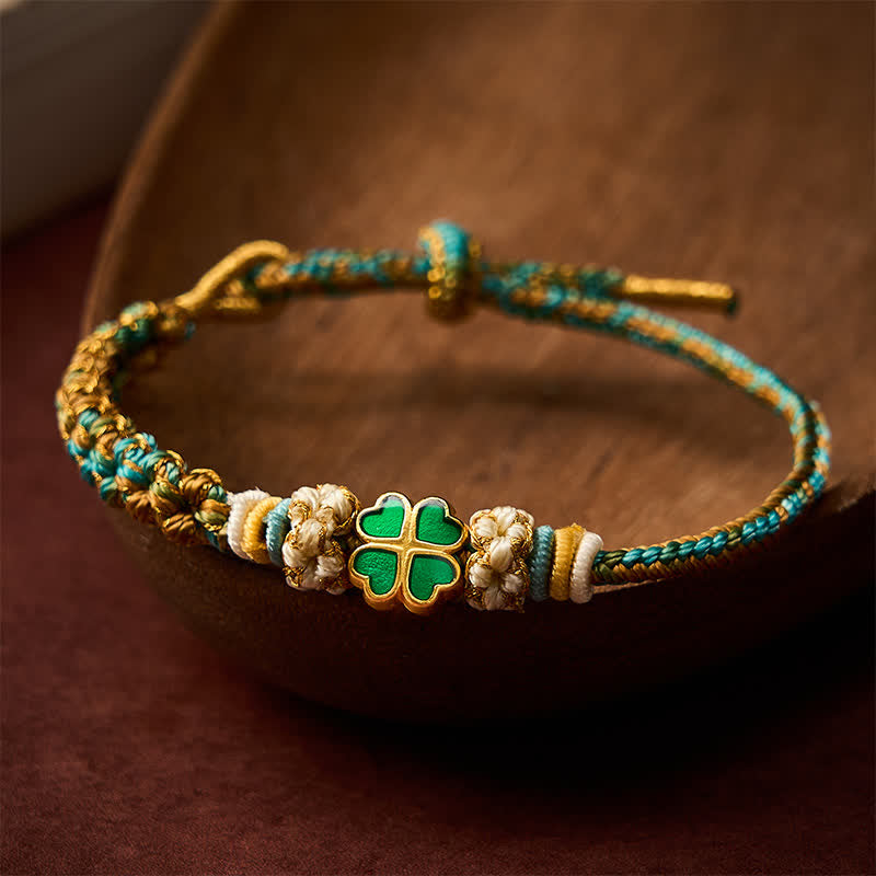 Buddha Stones Braccialetto portafortuna intrecciato a mano con fiori di pesco multicolore, cuore e quadrifoglio verde a forma di cuore. - Verde (Circonferenza del polso: 5,9-7,5 pollici / 15-19 cm) - image 0