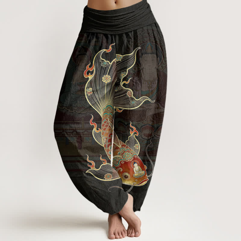 Buddha Stones Pantaloni harem da donna in cotone con motivo a carpe koi e Guanyin, con elastico in vita. - Nero - US16, UK/AU20, EU48 (3XL) - image 0