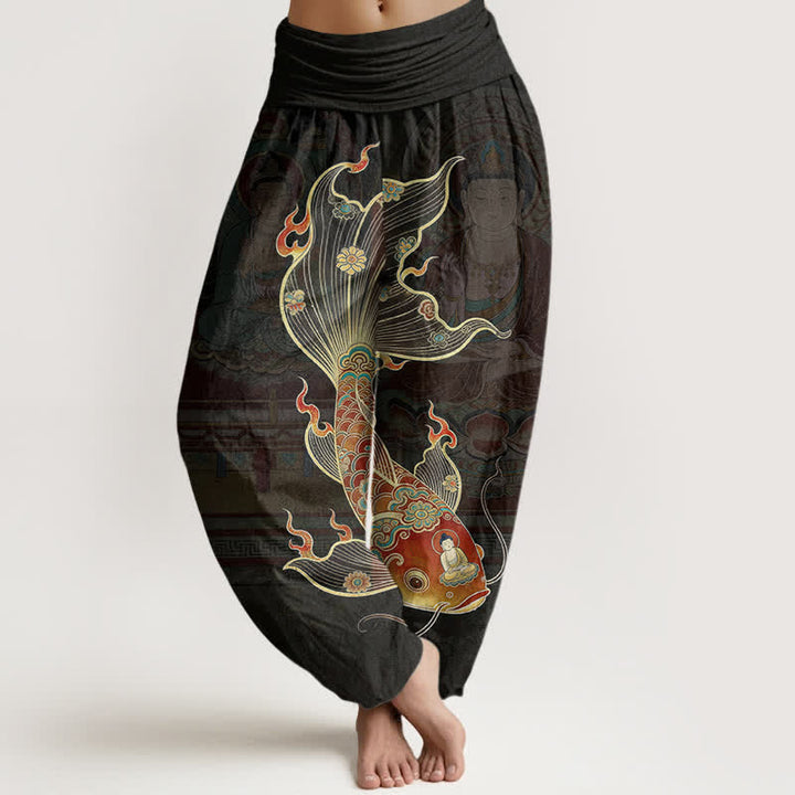Buddha Stones Pantaloni harem da donna in cotone con motivo a carpe koi e Guanyin, con elastico in vita. - Nero - US16, UK/AU20, EU48 (3XL) - image 0