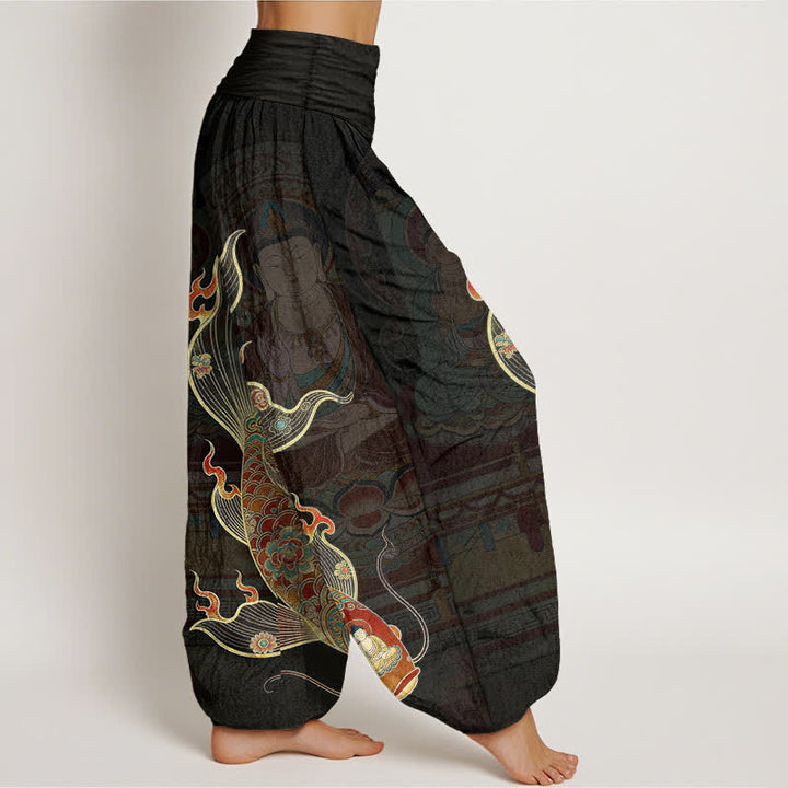 Buddha Stones Pantaloni harem da donna in cotone con motivo a carpe koi e Guanyin, con elastico in vita. - image 2