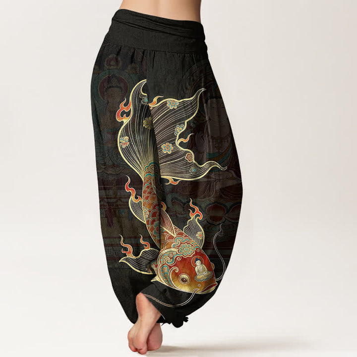 Buddha Stones Pantaloni harem da donna in cotone con motivo a carpe koi e Guanyin, con elastico in vita. - image 1