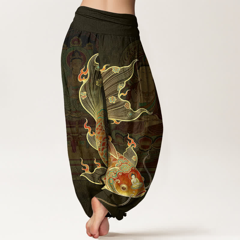 Buddha Stones Pantaloni harem da donna in cotone con motivo a carpe koi e Guanyin, con elastico in vita. - image 7