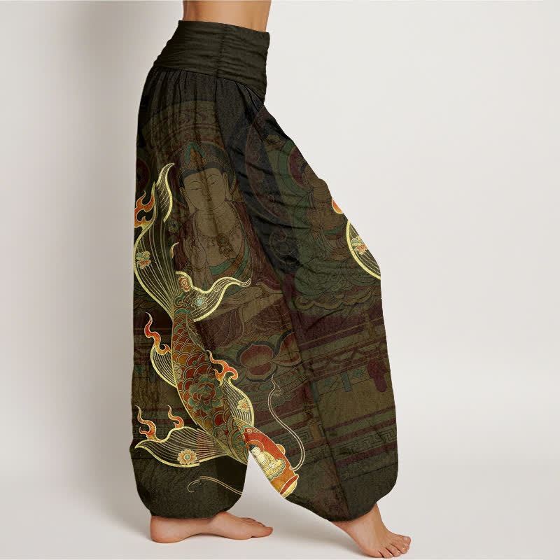 Buddha Stones Pantaloni harem da donna in cotone con motivo a carpe koi e Guanyin, con elastico in vita. - image 6