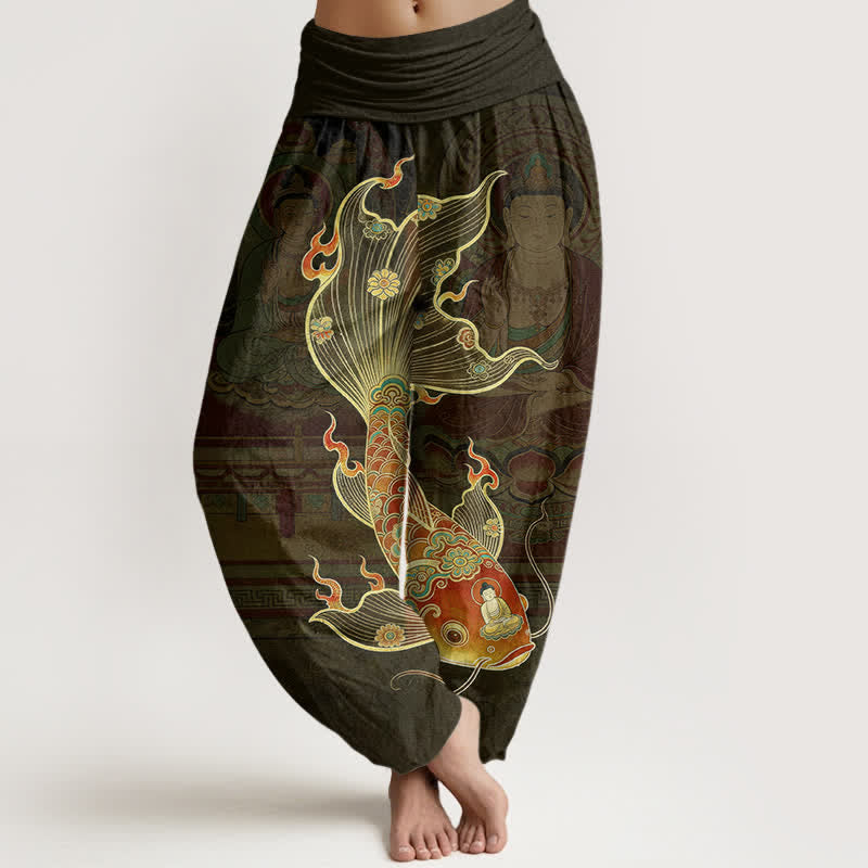 Buddha Stones Pantaloni harem da donna in cotone con motivo a carpe koi e Guanyin, con elastico in vita. - Oliva - US16, UK/AU20, EU48 (3XL) - image 5