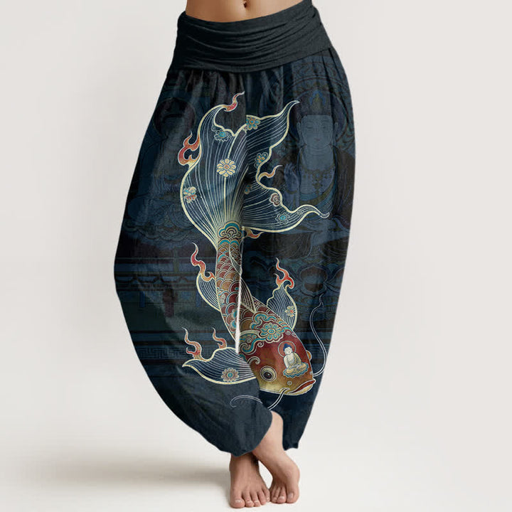 Buddha Stones Pantaloni harem da donna in cotone con motivo a carpe koi e Guanyin, con elastico in vita. - Marina - US16, UK/AU20, EU48 (3XL) - image 8