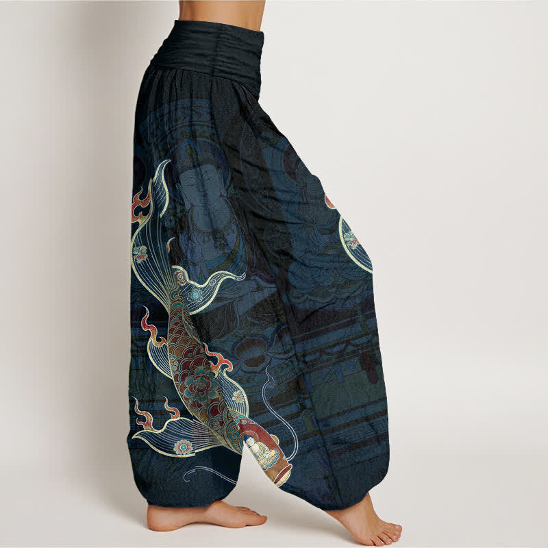 Buddha Stones Pantaloni harem da donna in cotone con motivo a carpe koi e Guanyin, con elastico in vita. - image 9