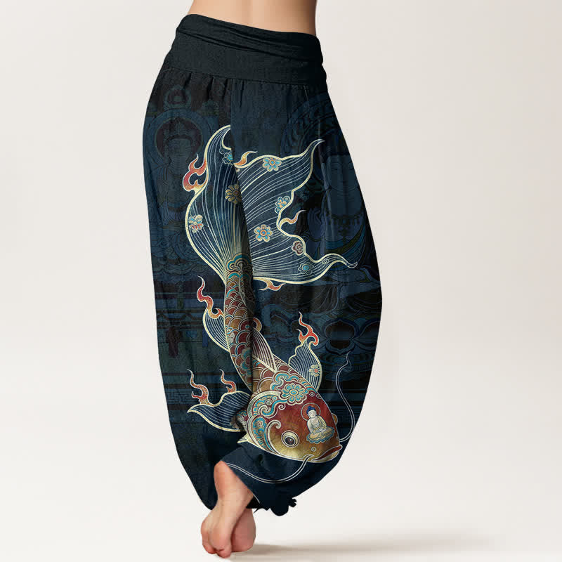 Buddha Stones Pantaloni harem da donna in cotone con motivo a carpe koi e Guanyin, con elastico in vita. - image 10