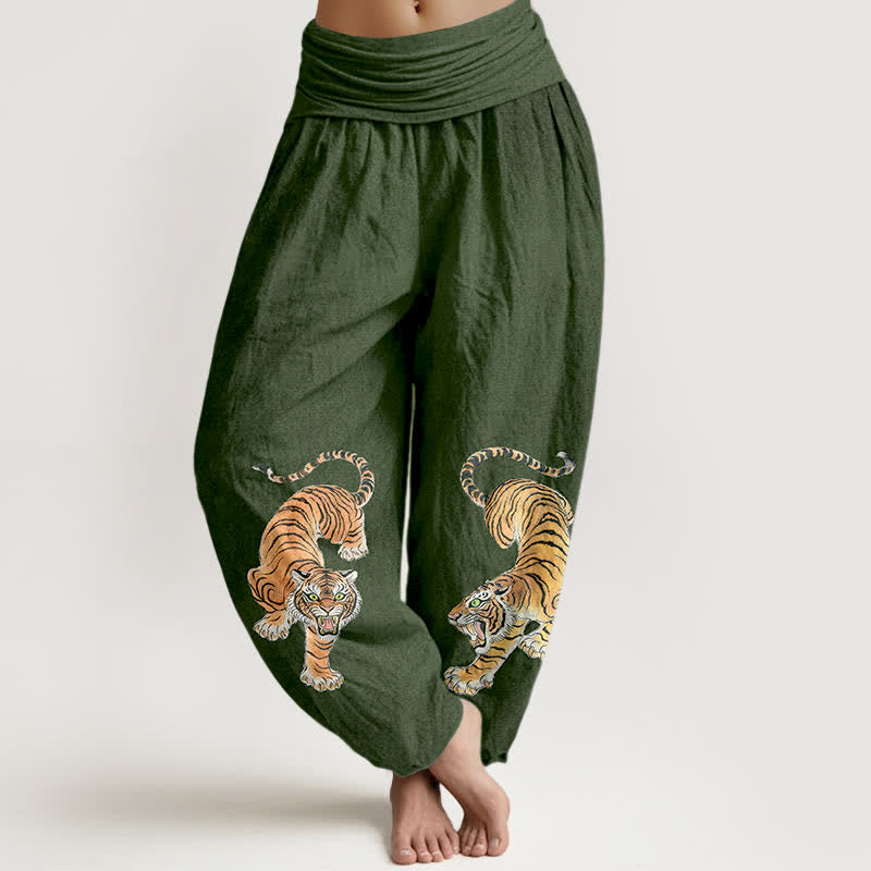 Buddha Stones Pantaloni harem da donna in cotone con fantasia tigre maestosa e vita elasticizzata - Verde studentesco - US16, UK/AU20, EU48 (3XL) - image 0