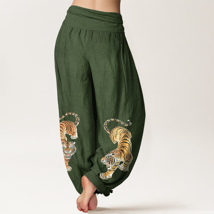 Buddha Stones Pantaloni harem da donna in cotone con fantasia tigre maestosa e vita elasticizzata - image 1