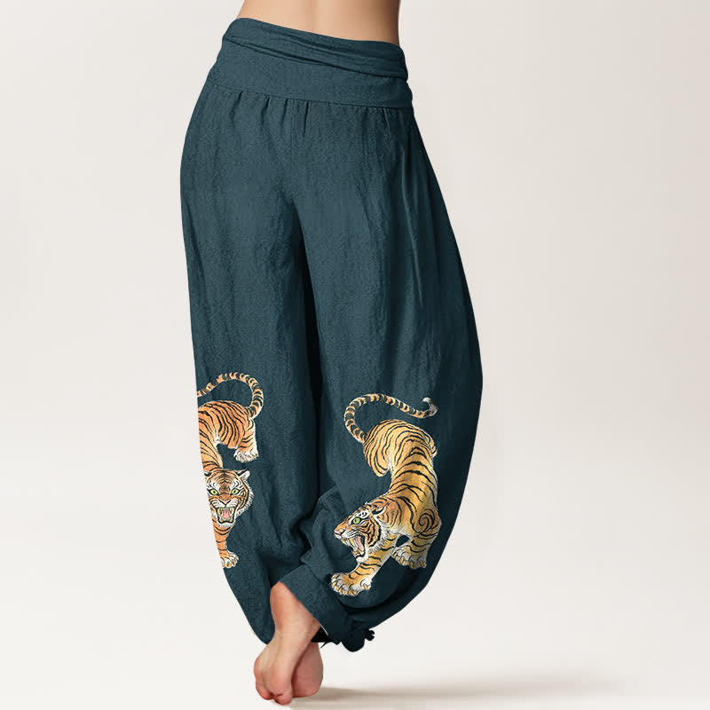 Buddha Stones Pantaloni harem da donna in cotone con fantasia tigre maestosa e vita elasticizzata - image 7