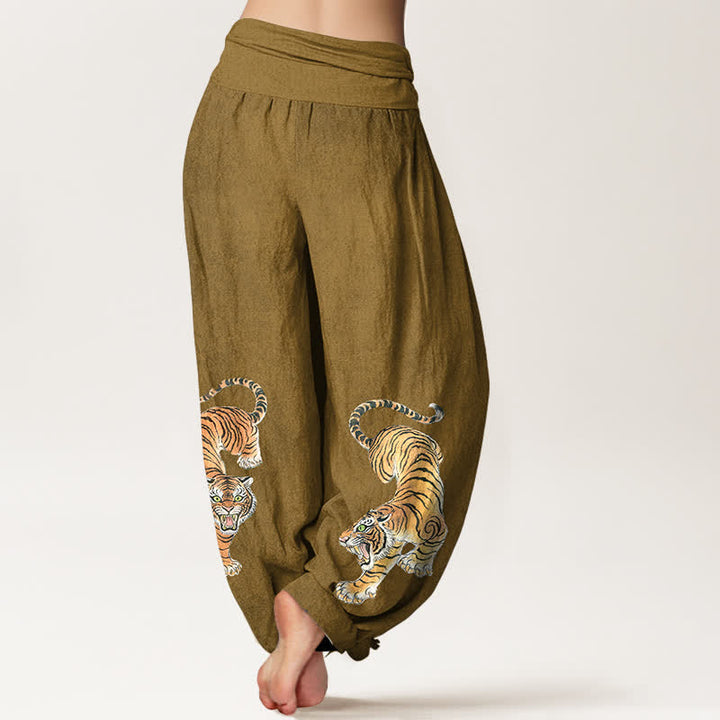 Buddha Stones Pantaloni harem da donna in cotone con fantasia tigre maestosa e vita elasticizzata - image 10