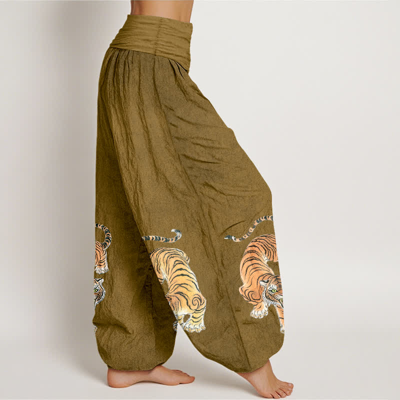 Buddha Stones Pantaloni harem da donna in cotone con fantasia tigre maestosa e vita elasticizzata - image 9