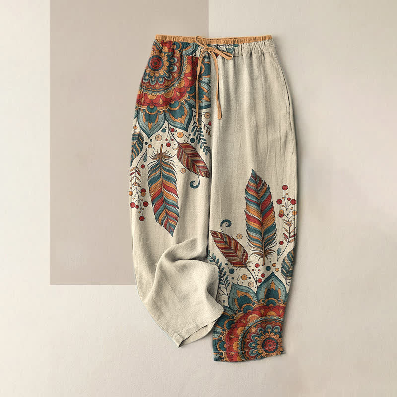 Buddha Stones Eleganti pantaloni da donna in puro cotone con motivo floreale bohémien, vita elasticizzata e tasche. - Rosso - US16, UK/AU20, EU48 (3XL) - image 0