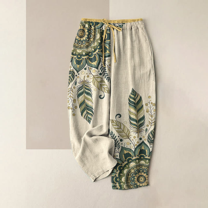Buddha Stones Eleganti pantaloni da donna in puro cotone con motivo floreale bohémien, vita elasticizzata e tasche. - Verde - US16, UK/AU20, EU48 (3XL) - image 3