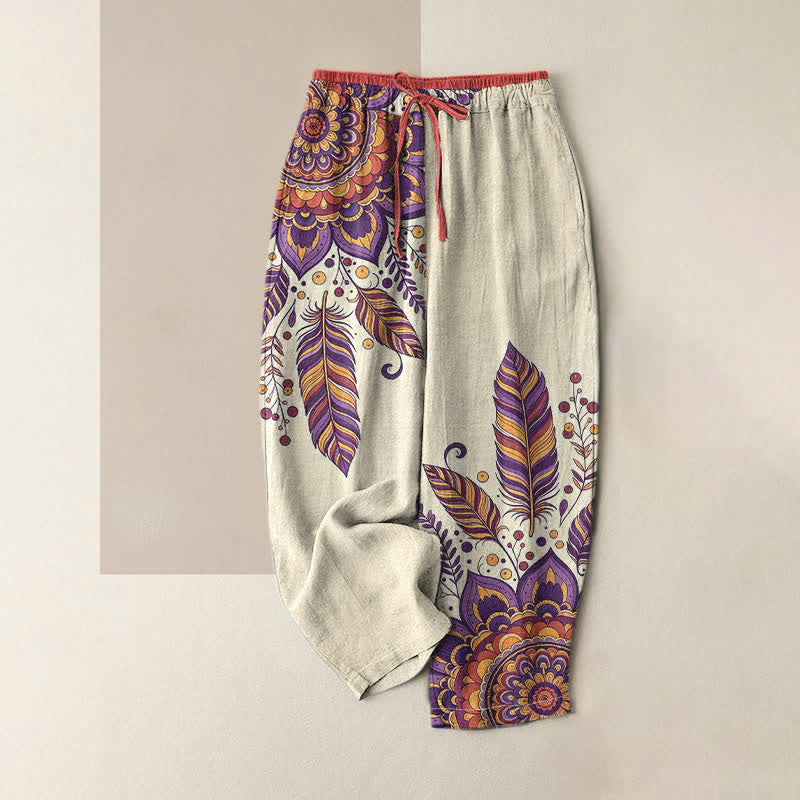 Buddha Stones Eleganti pantaloni da donna in puro cotone con motivo floreale bohémien, vita elasticizzata e tasche. - Orchidea scura - US16, UK/AU20, EU48 (3XL) - image 4
