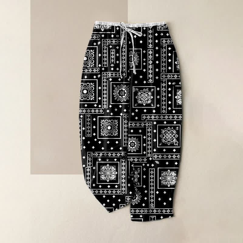 Buddha Stones Pantaloni da donna in puro cotone con elastico in vita e tasche, fantasia vintage bandana patchwork. - Nero - US16, UK/AU20, EU48 (3XL) - image 0