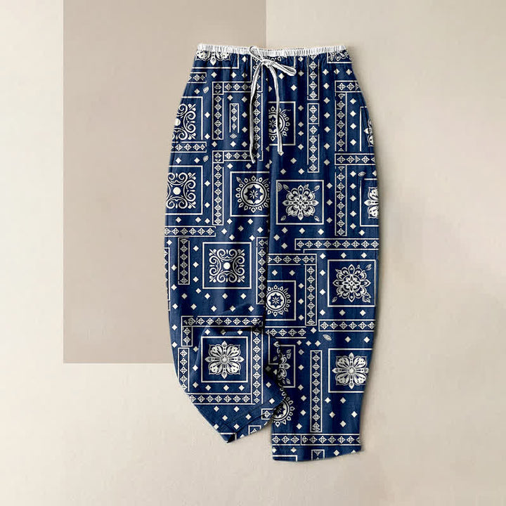 Buddha Stones Pantaloni da donna in puro cotone con elastico in vita e tasche, fantasia vintage bandana patchwork. - Marina - US16, UK/AU20, EU48 (3XL) - image 4