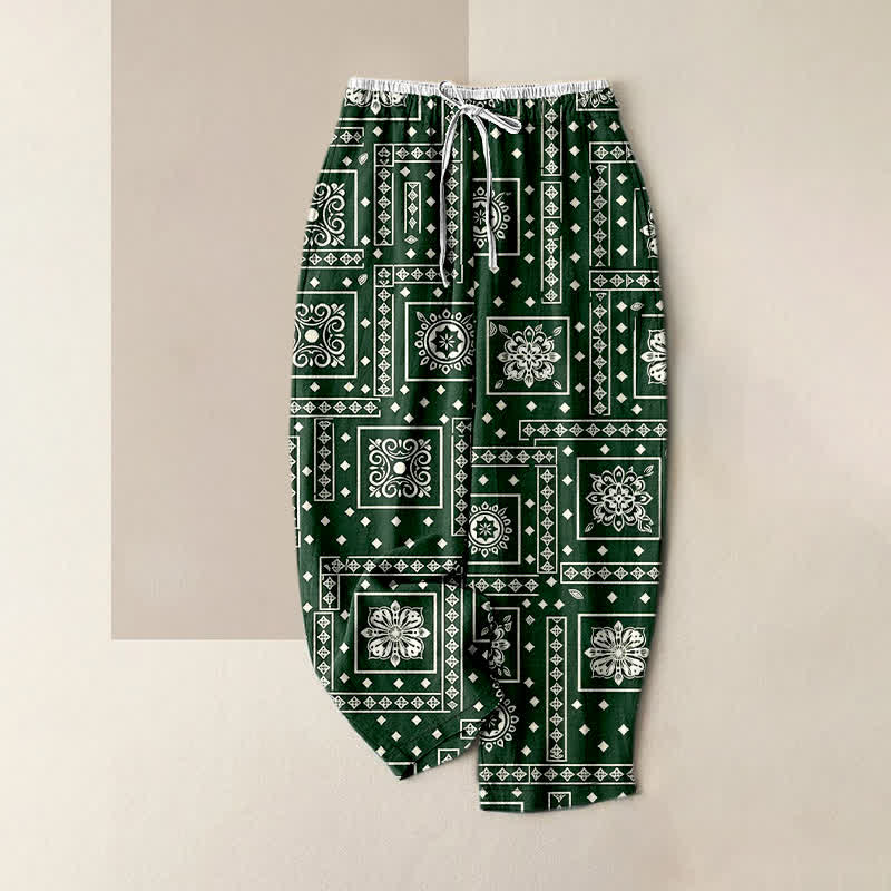 Buddha Stones Pantaloni da donna in puro cotone con elastico in vita e tasche, fantasia vintage bandana patchwork. - Verde studentesco - US16, UK/AU20, EU48 (3XL) - image 5