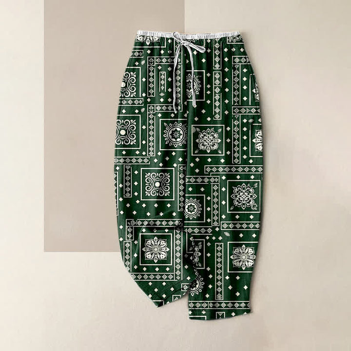 Buddha Stones Pantaloni da donna in puro cotone con elastico in vita e tasche, fantasia vintage bandana patchwork. - Verde studentesco - US16, UK/AU20, EU48 (3XL) - image 5