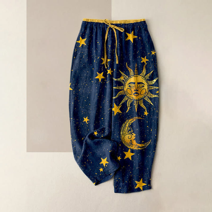 Buddha Stones Pantaloni da donna in puro cotone con elastico in vita e tasche, fantasia mistica luna e sole, con motivo a vita elasticizzata. - Marina - US16, UK/AU20, EU48 (3XL) - image 0