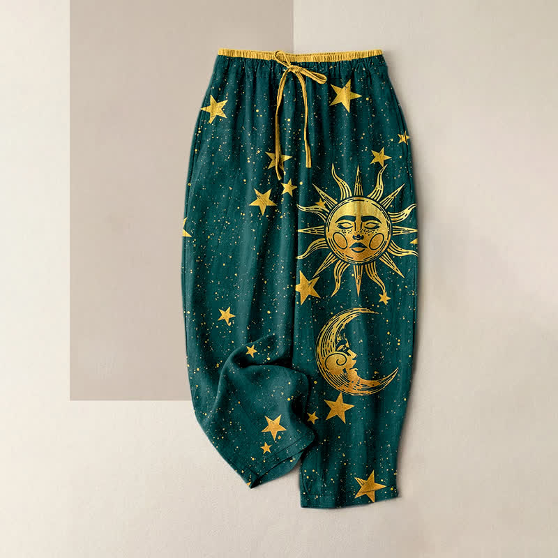 Buddha Stones Pantaloni da donna in puro cotone con elastico in vita e tasche, fantasia mistica luna e sole, con motivo a vita elasticizzata. - Verde acqua - US16, UK/AU20, EU48 (3XL) - image 4