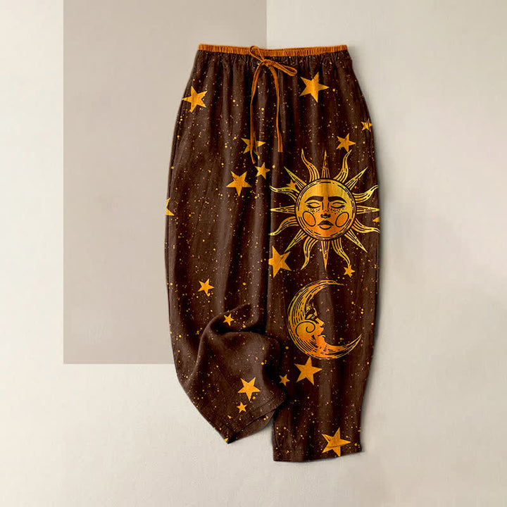 Buddha Stones Pantaloni da donna in puro cotone con elastico in vita e tasche, fantasia mistica luna e sole, con motivo a vita elasticizzata. - Marrone sella - US16, UK/AU20, EU48 (3XL) - image 5