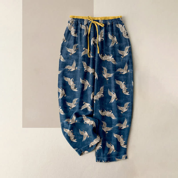 Buddha Stones Pantaloni da donna in puro cotone con elegante motivo a gru e vita elasticizzata, con tasche. - Marina - US16, UK/AU20, EU48 (3XL) - image 0