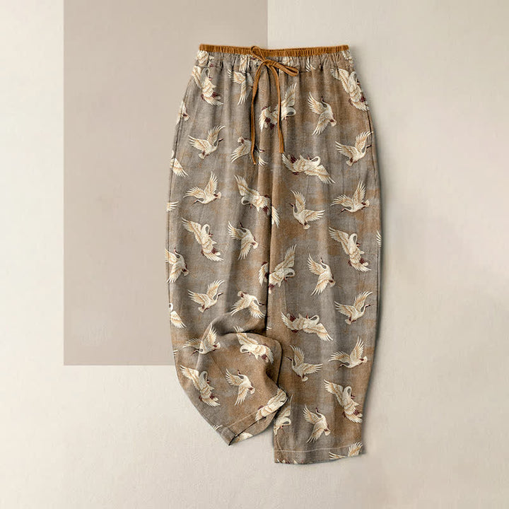 Buddha Stones Pantaloni da donna in puro cotone con elegante motivo a gru e vita elasticizzata, con tasche. - Tan - US16, UK/AU20, EU48 (3XL) - image 3