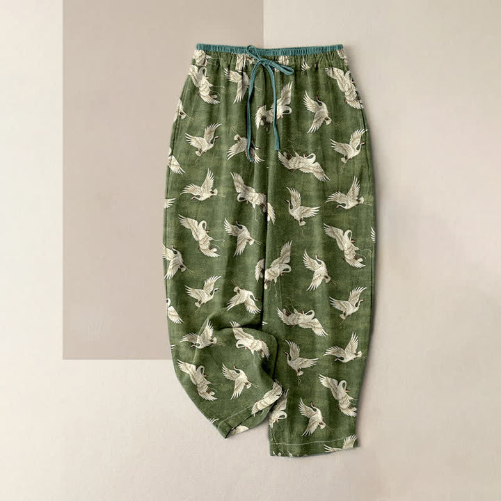 Buddha Stones Pantaloni da donna in puro cotone con elegante motivo a gru e vita elasticizzata, con tasche. - Verde oliva - US16, UK/AU20, EU48 (3XL) - image 4