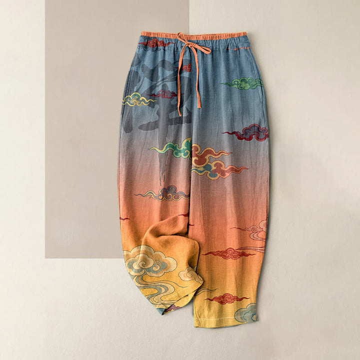 Buddha Stones Pantaloni da donna in puro cotone con motivo tradizionale a nuvole, elastico in vita e tasche. - Corallo - US16, UK/AU20, EU48 (3XL) - image 0