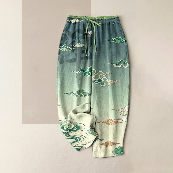 Buddha Stones Pantaloni da donna in puro cotone con motivo tradizionale a nuvole, elastico in vita e tasche. - Acquamarina media - US16, UK/AU20, EU48 (3XL) - image 3