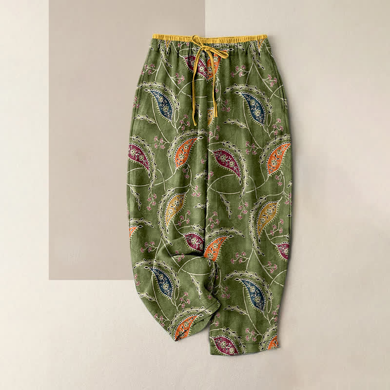 Buddha Stones Pantaloni da donna in puro cotone con elastico in vita e tasche, fantasia floreale etnica paisley. - Verde oliva - US16, UK/AU20, EU48 (3XL) - image 0