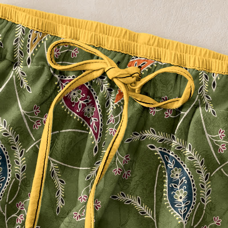 Buddha Stones Pantaloni da donna in puro cotone con elastico in vita e tasche, fantasia floreale etnica paisley. - image 1
